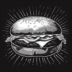 Retro-styled hamburger illustration in black and white. Vintage graphic art of a classic cheeseburger. Stylized black and white hamburger with radiant lines.