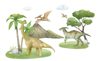 Watercolor illustration of a dinosaur diplodocus, parasaurolophus and pterodactyl on green grass with palm trees, mountains, clouds, watercolor texture, isolated. For children's room decor, wallpaper © dakora