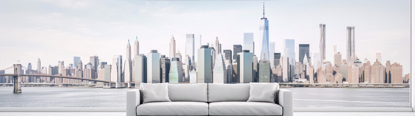 Cityscape of New York with a white sofa in the foreground in realistic style with blue and white colors