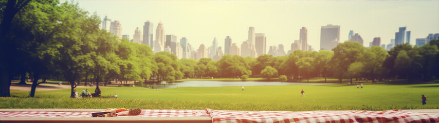 City park picnic with a view of the skyline in the background