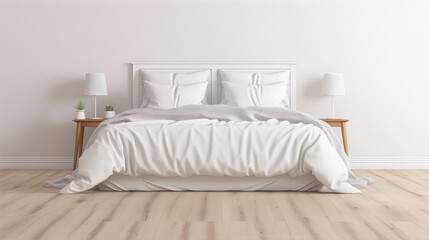 Minimalist bedroom interior with white bedding and wooden nightstands in 3D rendering