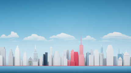 3D illustration of a pink and white city skyline with a blue sky and clouds.