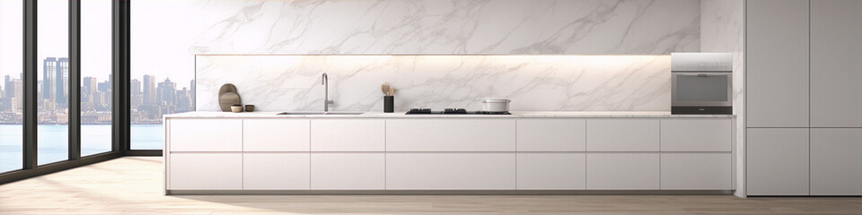 3d rendering of a modern kitchen interior with white marble countertops and stainless steel appliances.
