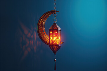 3d ramadan lantern with crescent moon on a blue background. ramadan kareem holiday celebration concept