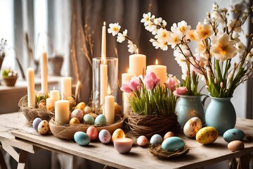 easter home decor with flowers, eggs, burning candles