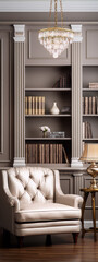 3D rendering of a classic library with leather armchair, bookshelves, and a crystal chandelier in a classic style with brown and beige colors.