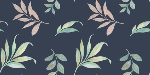 seamless botanical pattern, watercolor leaves on a blue background