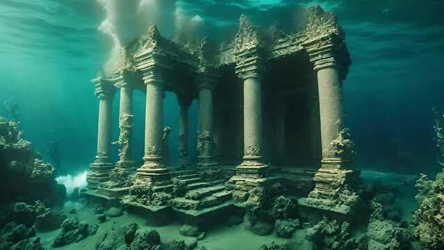 Lost civilization of Atlantis deep in the ocean. Underwater ruins. Magic blue ocean with ancient antique ruins, deep sea with mysterious lights. Ai-generated.