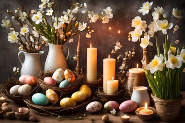 easter home decor with flowers, eggs, burning candles - obrazy, fototapety, plakaty