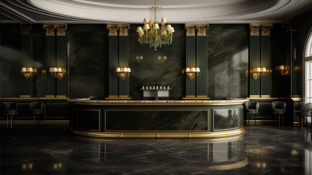 3D rendering of a luxury hotel lobby bar with green marble walls and golden details