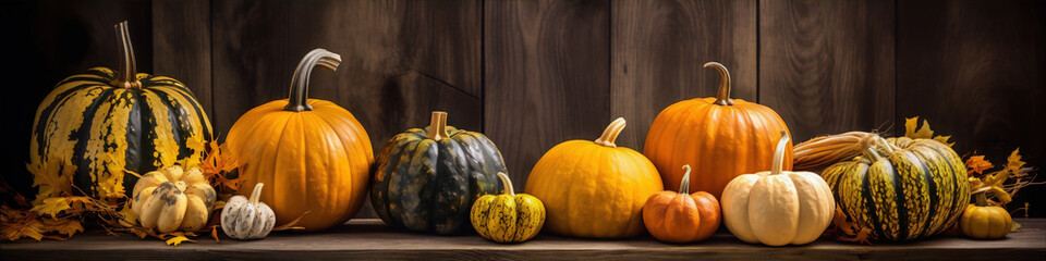 Still life of pumpkins and gourds on a wooden table against a wood background in warm colors