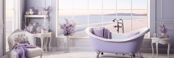 3D rendering of a purple bathtub in a modern bathroom with a view of the ocean.