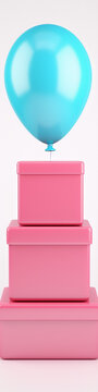 3D rendering of a blue balloon floating above a stack of three pink boxes on a white background.