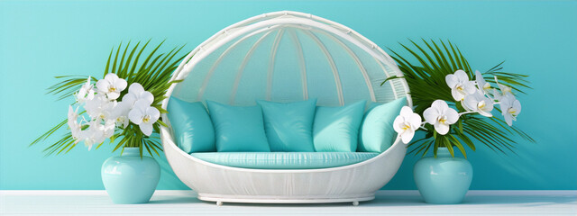 3d rendering of a white wicker pod chair with blue cushions and tropical plants in blue pots against a blue background.