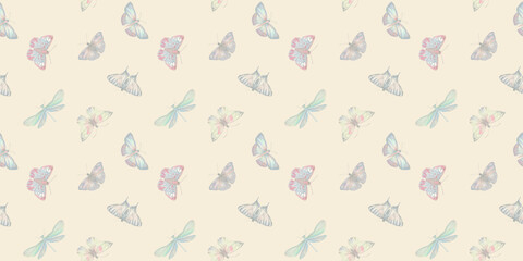 repeating ornament, seamless pattern of dragonflies and butterflies, endless watercolor illustration, hand drawn. Design of fabrics, wrapping paper, kitchen textiles, packaging.