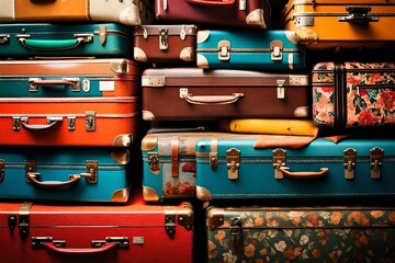 A close-up of a stack of colorful, retro-style suitcases with bold patterns and textures.