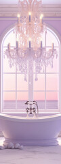 3D rendering of a classic style bathroom interior with a large window, bathtub and chandelier in pink and white colors