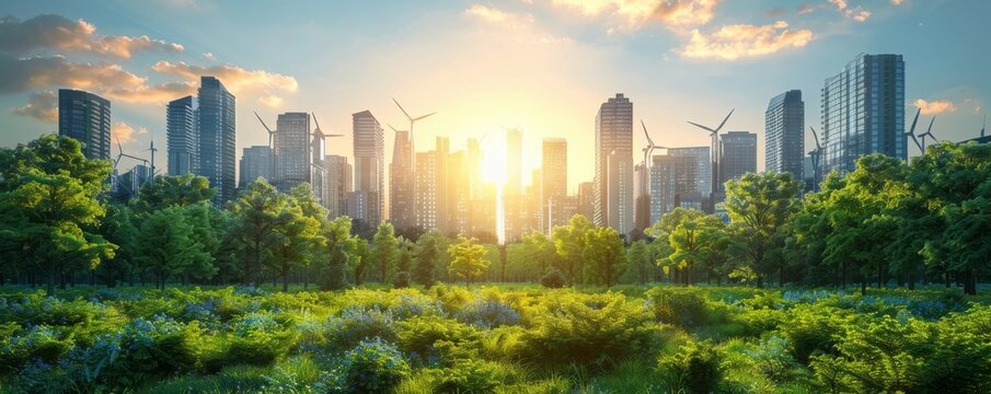 Green energy solutions in a future city with solar panels and wind turbines integrated into skyscrapers