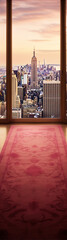 Cityscape through the window with pink carpet, featuring the Empire State Building