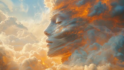 Surreal portrait of a person lost in thought face blending into a soft cloud landscape