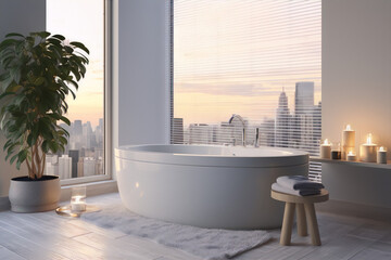 3d illustration of a modern bathroom interior with a city view, in a contemporary style with neutral colors and natural elements.