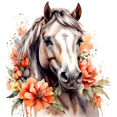 A painting of a horse with flowers around it.