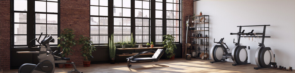 Modern home gym interior with brick walls and large windows, exercise bike and rowing machine, natural light, plants, and city view in the background.