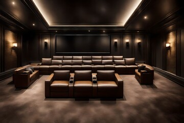 A modern cinema room with tiered seating, a large screen, and surround sound speakers