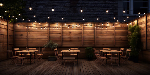 3D rendering of an outdoor seating area with wooden tables and chairs under a canopy of string lights at night. - obrazy, fototapety, plakaty