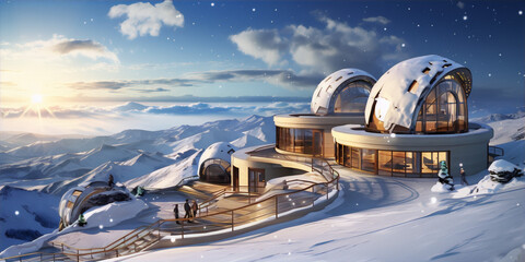 Futuristic mountain observatory with large windows and snowy landscape - obrazy, fototapety, plakaty