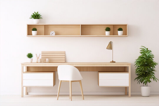 3D rendering of a home office with a wooden desk, white chair, plants, and a lamp in a minimalist style.