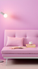 Pink pastel living room interior with sofa, books, cup and lamp.