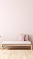 Fototapeta na wymiar Minimalistic interior with pink pillows on a wooden bed in front of a pink wall