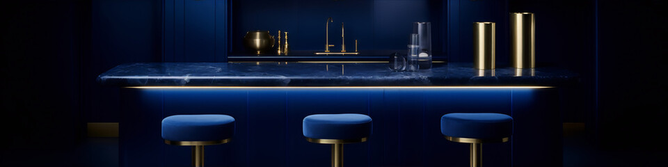 3D rendering of a bar counter with blue marble top and golden bar stools in a dark blue room.