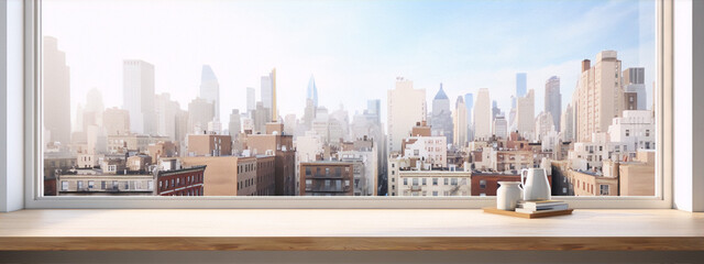 Cityscape photography of New York City with a view of Midtown Manhattan from a window with books and a vase on a wooden table.