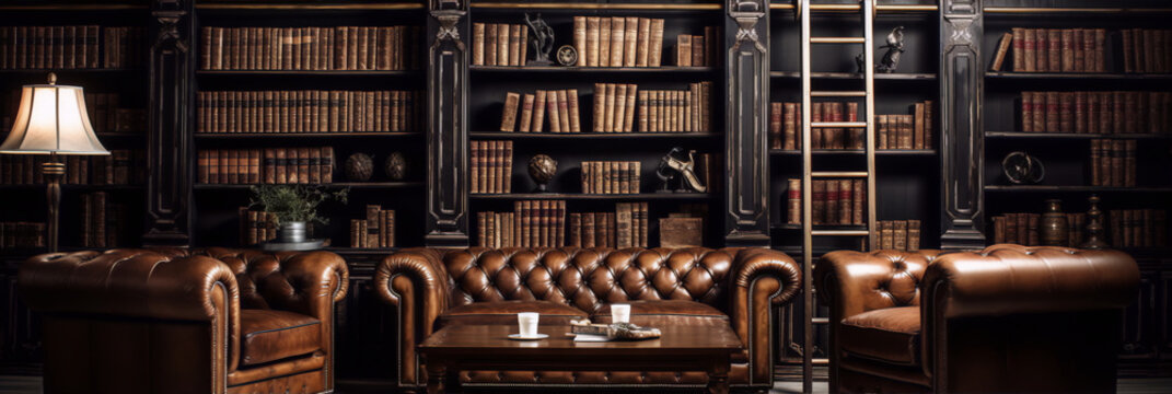 A library with leather chairs and a wooden ladder with books in the background in a dark academia style with brown and black colors.