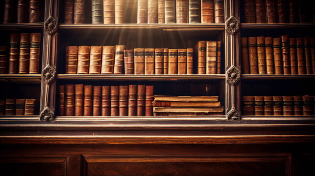 Old books on wooden shelves in library, illuminated by a ray of light