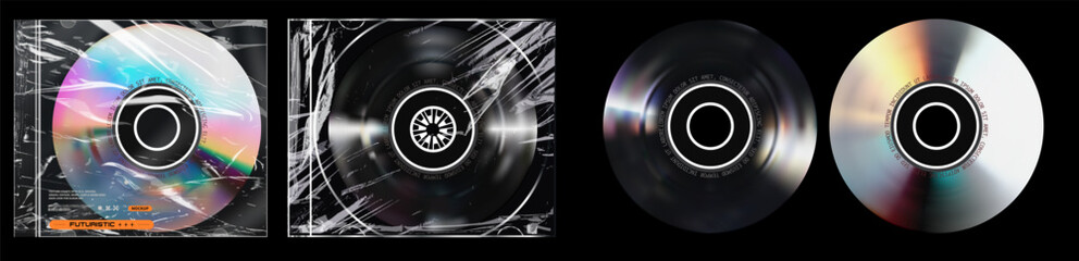 Sleek Modern Vinyl Record Design with Reflective Rainbow Surface and Central Emblem. Set of vinyl record mockups featuring futuristic art covers, ideal for music album presentation and design projects