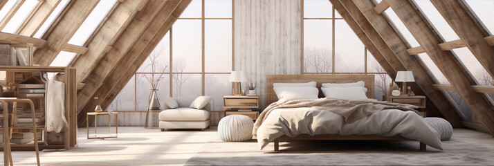 A bedroom in a wooden house with a large bed, a sofa, and a coffee table. The room is decorated in a modern style with neutral colors and natural materials.