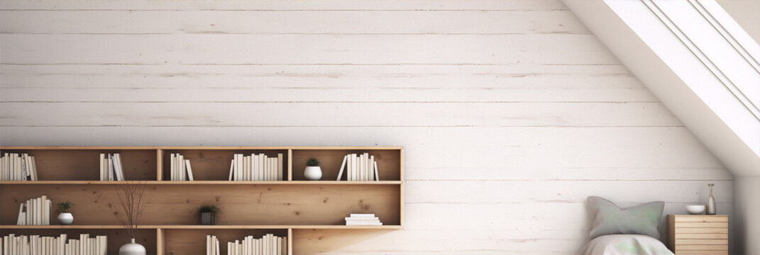 3D rendering of a cozy attic bedroom with a wooden bookshelf and white walls in a minimalist style.