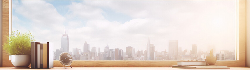 Cityscape, skyline, books, clock, plant, window, sunlight, blue sky, white clouds, minimalism, 3d rendering