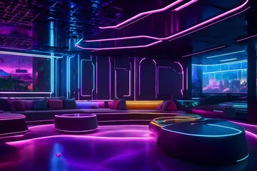 Futuristic kids' lounge with holographic decor, interactive learning gadgets, and a tech-savvy play zone for young innovators.