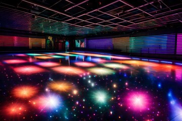 A roller-skating rink with colorful disco lights, mirrored walls, and a retro roller derby vibe.