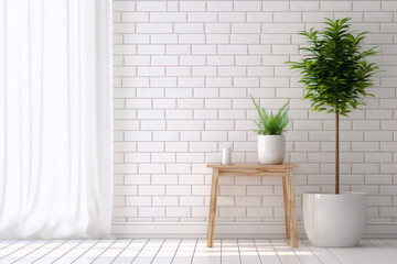 Whitewashed brick wall with a wooden bench and plants in pots in front of it - obrazy, fototapety, plakaty