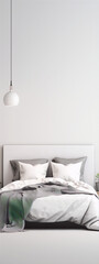 Minimalist bedroom interior with white walls and grey bedding