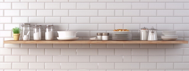 A minimalist kitchen shelf with a variety of kitchenware in white and neutral colors. - obrazy, fototapety, plakaty