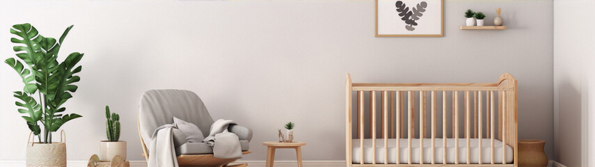 3D rendering of a modern minimalist nursery with a wooden crib and rocking chair, plants, and a framed leaf print in black and white.