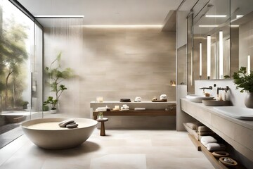 Fototapeta na wymiar Serene spa-inspired bathroom featuring a rain shower, natural stone tiles, and calming neutral tones
