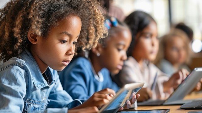 Grupo de ni&ntilde;os concentrados usando tabletas digitales en clase, destacando la tecnolog&iacute;a educativa moderna