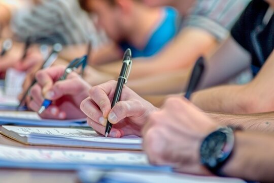 Primer plano de manos escribiendo en cuadernos, simbolizando el aprendizaje y la educaci&oacute;n en un aula